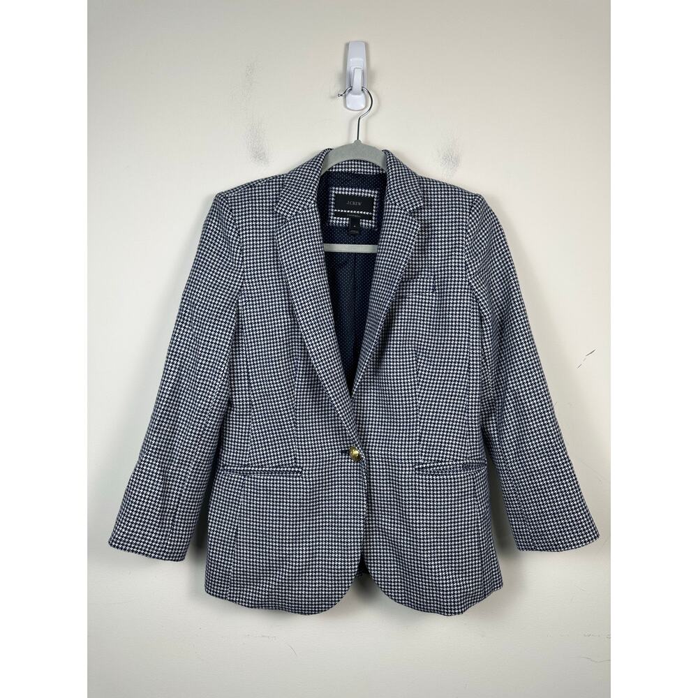 J.Crew Campbell Blazer Women 4 Blue Houndstooth Excellent Wool Gold Button